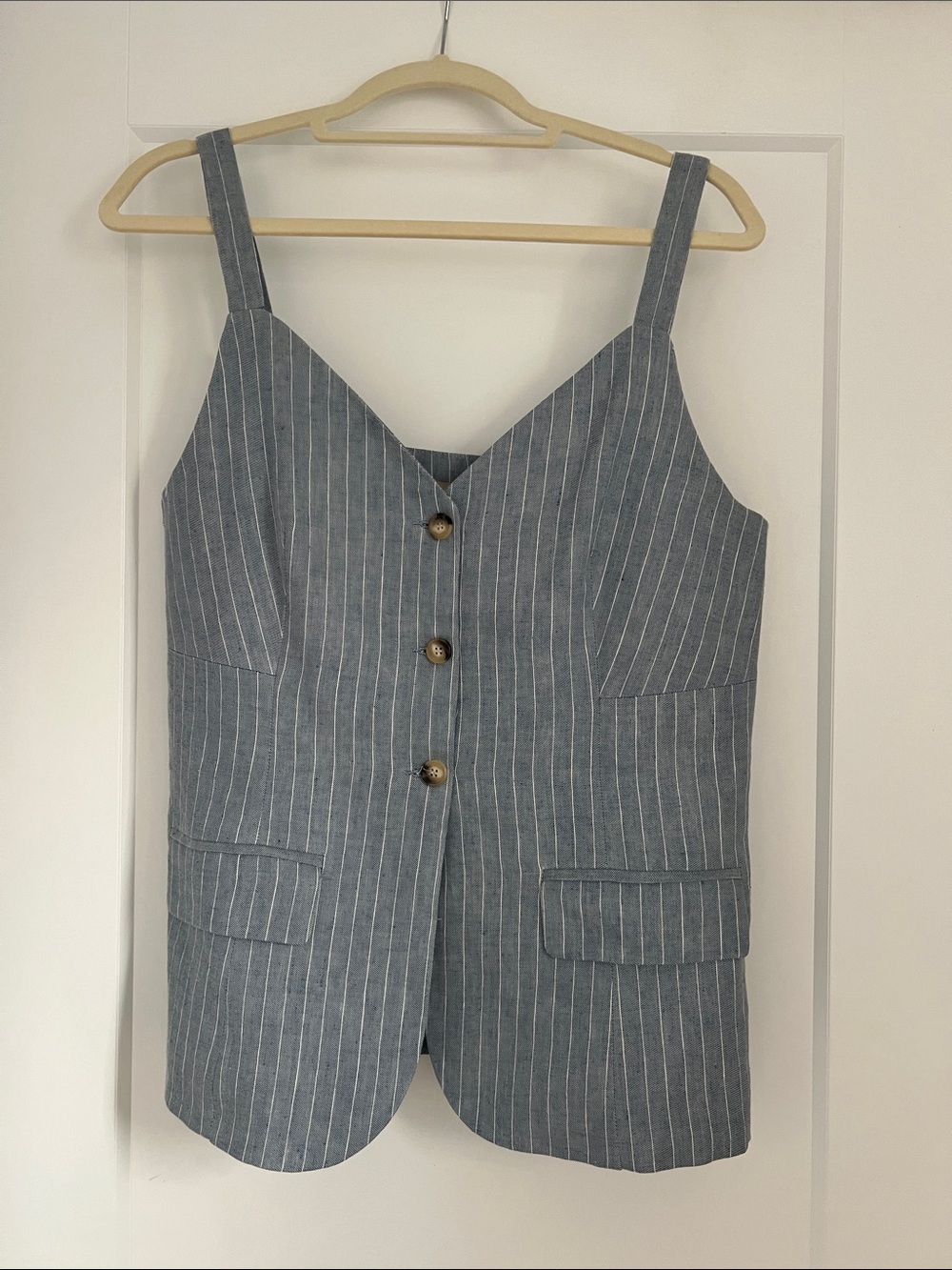 Vanessa Bruno Blue Pinstripe Shirt with Red Accent Nails